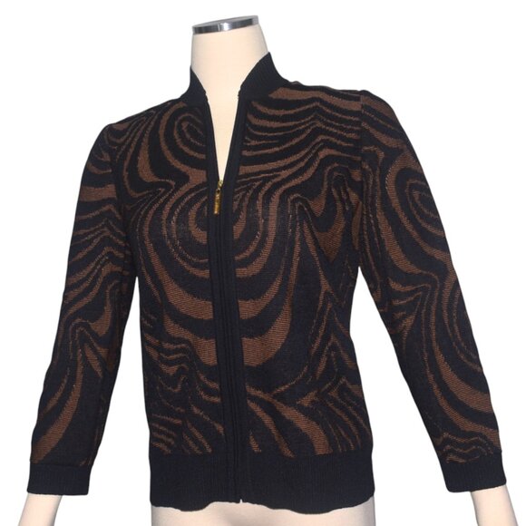 St. John Sport Knit Cardigan Zip Front Brown Black Swirls Wool Blend M - Picture 1 of 11